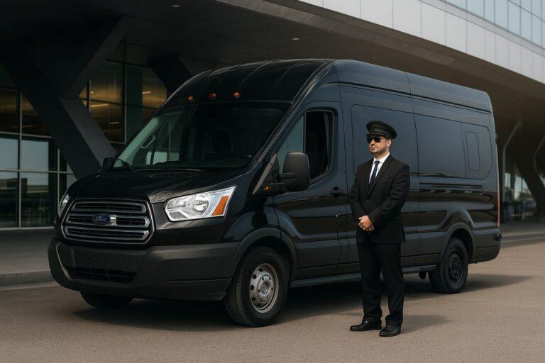Professional chauffeur standing beside a black airport shuttle van