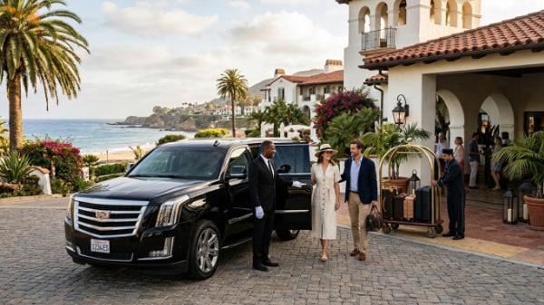 Chauffeur greeting guests beside a black SUV at a Dana Point resort
